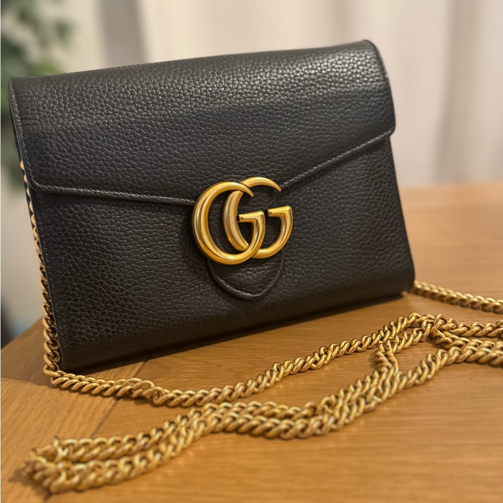 Gucci GG Marmont Black Pebbled Leather Gold Hardware WOC Crossbody